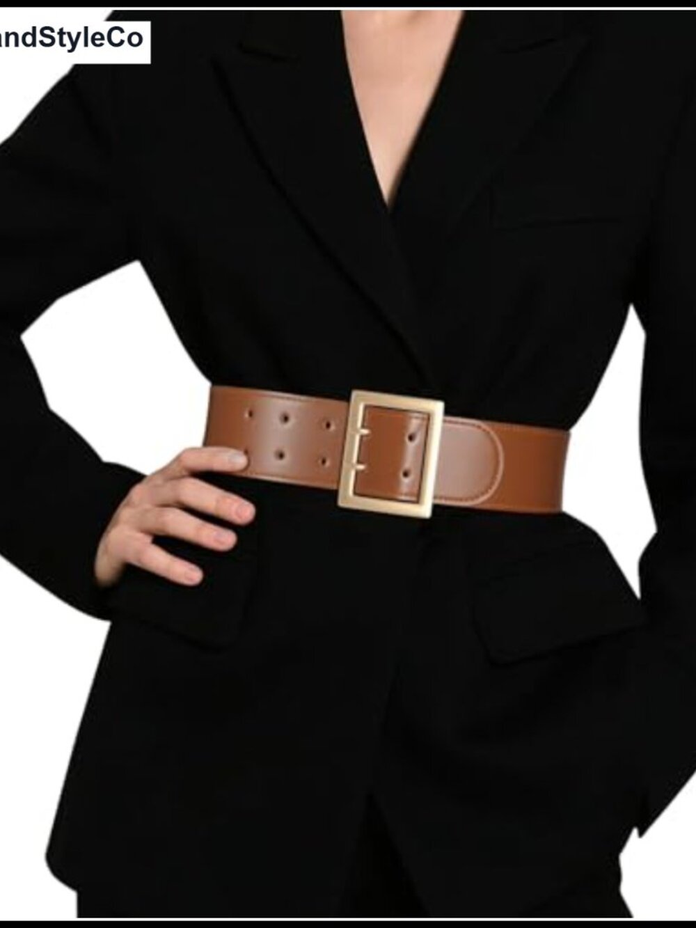 Wide Elastic Waist Belt for Dresses Gold Square Buckle Stretchy PU Leather